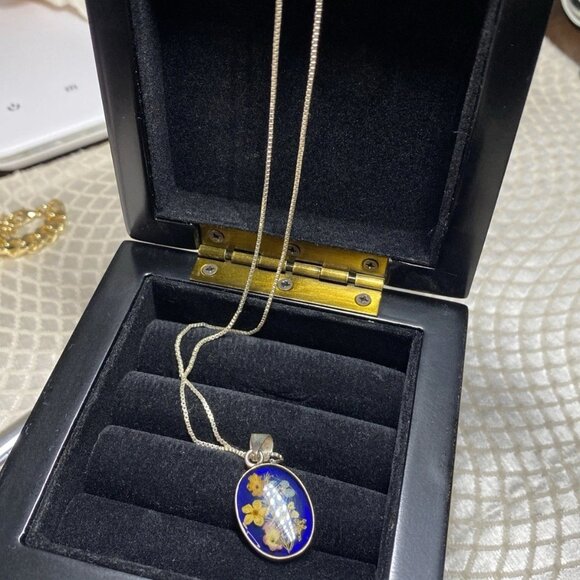 Vintage 925 Sterling Silver Pressed Flower Pendant – Italy MJI Chain – 15.5” - Picture 1 of 11